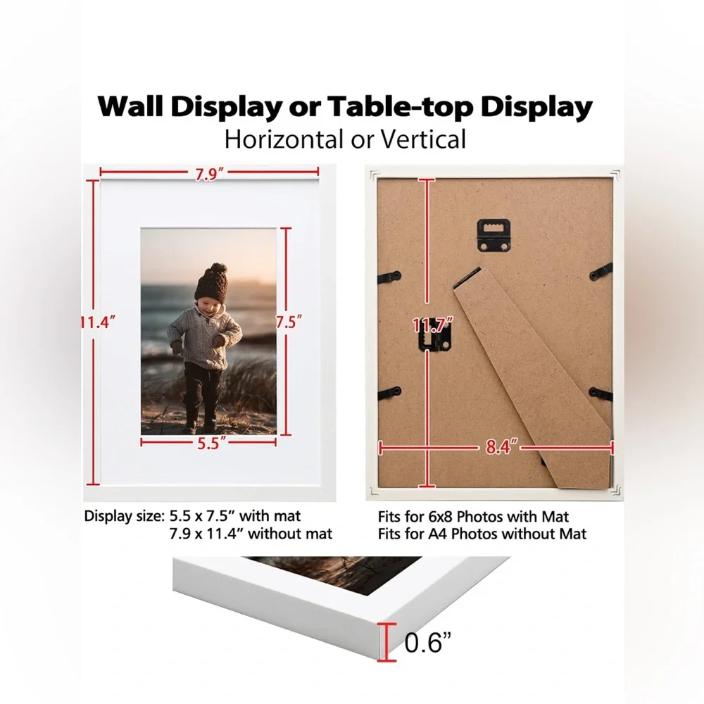 KINLINK A4 Picture Frame White Set of 4,‎ Wooden Photo Frames Matted A5